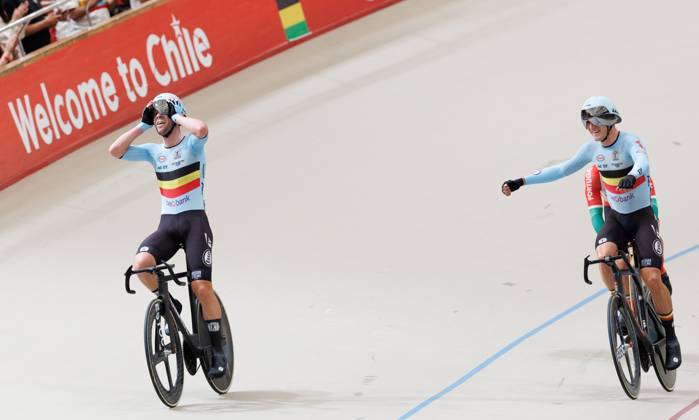 Belgian Fabio Van Den Bossche and Belgian Lindsay De Vylder celebrate after the final of the men s Madison race at the 2025 UCI Track World Championships cycling, in Santiago, Chile, Sunday 26 October 2025. The Track World Championships take place from 22 to 26 October at the Velodromo de Penalolen in Santiago, Chile. BENOITxDOPPAGNE x138056270x