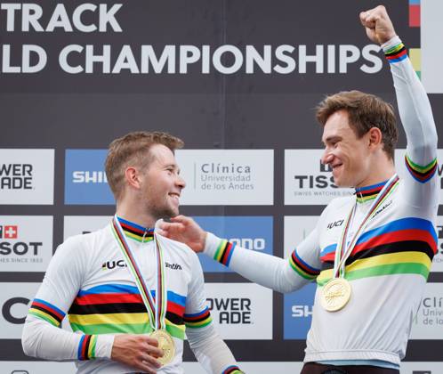 Belgian Fabio Van Den Bossche and Belgian Lindsay De Vylder celebrate on the podium after winning the podium ceremony of the men s Madison race at the 2025 UCI Track World Championships cycling, in Santiago, Chile, Sunday 26 October 2025. The Track World Championships take place from 22 to 26 October at the Velodromo de Penalolen in Santiago, Chile. BENOITxDOPPAGNE x138056455x
