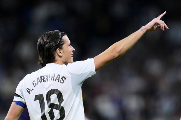 ESP: Real Madrid CF - Valencia CF. La Liga EA Sports. Date 11 Alvaro Carreras of Real Madrid CF celebrates after scoring the 4-0 during the La Liga EA Sports match between Real Madrid CF and Valencia CF played at Santiago Bernabeu Stadium on November 1, 2025 in Madrid. kpng Copyright: xCesarxCebollax xPRESSINx PS_251101_RMA_VAL_2526_104