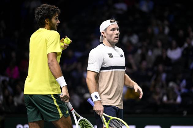 Rolex Paris Masters day 6 Francisco Cabral and Lucas Miedler during a doubles match during the Rolex Paris Masters 1000 ATP, Tennis Herren tennis tournament at the La Defense Arena on November 1, 2025 in Paris, France. Photo by Victor Joly ABACAPRESS.COM Paris Ile-de-France France Copyright: xJolyxVictor ABACAx