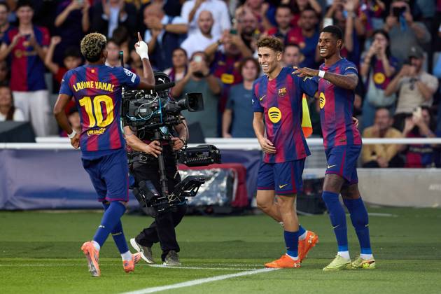 October 21, 2025, Barcelona, Barcelona, Spain: Fermin Lopez of FC Barcelona, Barca celebrates a goal during the UEFA Champions League match between FC Barcelona v Olympiakos Piraeus at the Lluis Companys Olympic Stadium on October 21, 2025 in Barcelona Spain. Barcelona Spain - ZUMAr232 20251021_zsp_r232_054 Copyright: xDavidxRamirezx