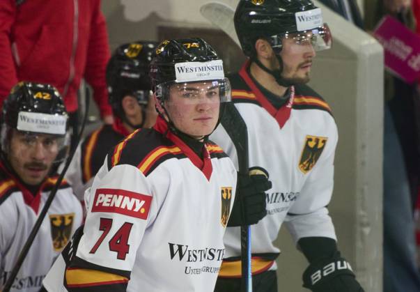 Justin Schütz of Germany at the match GERMANY - LATVIA 4-1 DEB Ice hockey, Eishockey DEUTSCHLAND CUP in Landshut, Germany, November 6, 2025, Season 2025 2026.