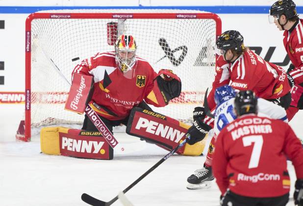 Maximilian Franzreb goalkeeper of Germany defend at the match GERMANY - SLOVAKIA DEB Ice hockey, Eishockey DEUTSCHLAND CUP in Landshut, Germany, November 9, 2025, Season 2025 2026.
