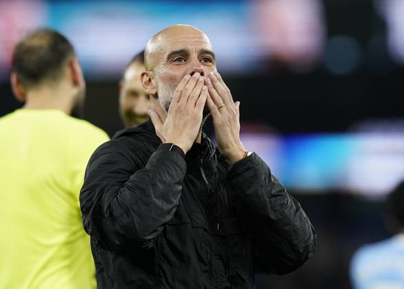 Manchester, England, 9th November 2025. Pep Guardiola coach of Manchester City blows kisses to the fans during the Manchester City vs Liverpool Premier League match at the Etihad Stadium, Manchester. Picture credit should read: Andrew Yates Sportimage EDITORIAL USE ONLY. No use with unauthorised audio, video, data, fixture lists, club league logos or live services. Online in-match use limited to 120 images, no video emulation. No use in betting, games or single club league player publications. SPI_087_AY_Man_City_Liverpool SPI-4280-0083