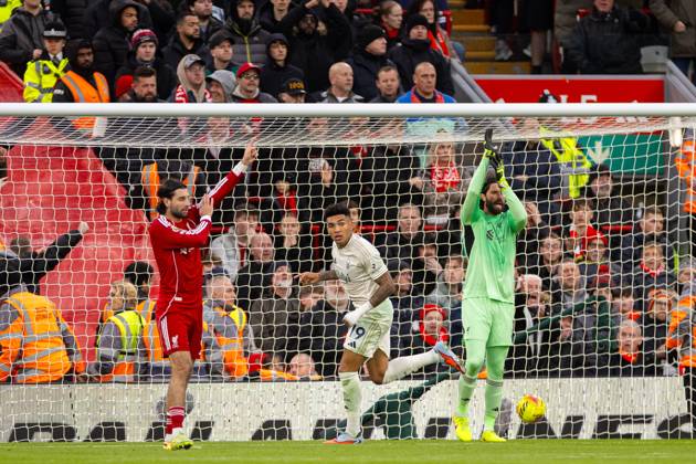 Football - FA Premier League - Liverpool FC v Nottingham Forest FC LIVERPOOL, ENGLAND - Saturday, November 22, 2025: Nottingham Forest s Igor Jesus celebrates after scoring the second goal as Liverpool team-mates Dominik Szoboszlai (L) and goalkeeper Alisson Becker (R) appeal for handball during the FA Premier League match between Liverpool FC and Nottingham Forest FC at Anfield. (Photo by David Rawcliffe Propaganda) LIVERPOOL Anfield MERSEYSIDE ENGLAND Copyright: xDavidxRawcliffex P2025-11-22-Liverpool_Nottingham_Forest-45