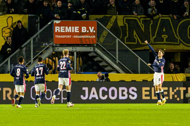 Guus Til of PSV Eindhoven celebrates after scoring his teams first goal NAC Breda v PSV Eindhoven, Eredivisie, NAC Breda v PSV Eindhoven, Rat Verlegh Stadion, November 22, 2025, Breda, Netherlands.