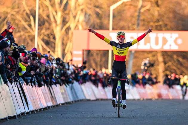 Belgian Thibau Nys celebrates as he crosses the finish line to win the men elite race at the World Cup cyclocross cycling event in Tabor, Czech Republic, stage 1 (out of 12) of the UCI World Cup cyclocross competition, Sunday 23 November 2025. DAVIDxPINTENS  x143656432x