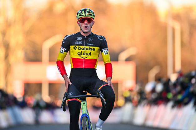 Belgian Thibau Nys celebrates as he crosses the finish line to win the men elite race at the World Cup cyclocross cycling event in Tabor, Czech Republic, stage 1 (out of 12) of the UCI World Cup cyclocross competition, Sunday 23 November 2025. DAVIDxPINTENS  x143656446x