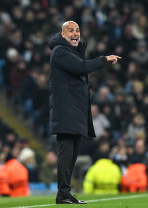 Manchester, England, 25th November 2025. Pep Guardiola manager of Manchester City gestures during the Manchester City vs Bayer Leverkusen UEFA Champions League match at the Etihad Stadium, Manchester. Picture credit should read: Cody Froggatt Sportimage EDITORIAL USE ONLY. No use with unauthorised audio, video, data, fixture lists, club league logos or live services. Online in-match use limited to 120 images, no video emulation. No use in betting, games or single club league player publications. SPI_097_CF_Man_City_Bayer SPI-4309-0224