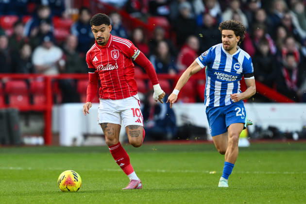 Nottingham, England, 30th November 2025. Morgan Gibbs-White of Nottingham Forest makes a break with the ball during the Nottingham Forest vs Brighton and Hove Albion Premier League match at the City Ground, Nottingham. Picture credit should read: Craig Thomas Sportimage EDITORIAL USE ONLY. No use with unauthorised audio, video, data, fixture lists, club league logos or live services. Online in-match use limited to 120 images, no video emulation. No use in betting, games or single club league player publications. SPI_026_CT_Nottingham_Forest_vs_Brighton_and_Hove_Albion SPI-4337-0037