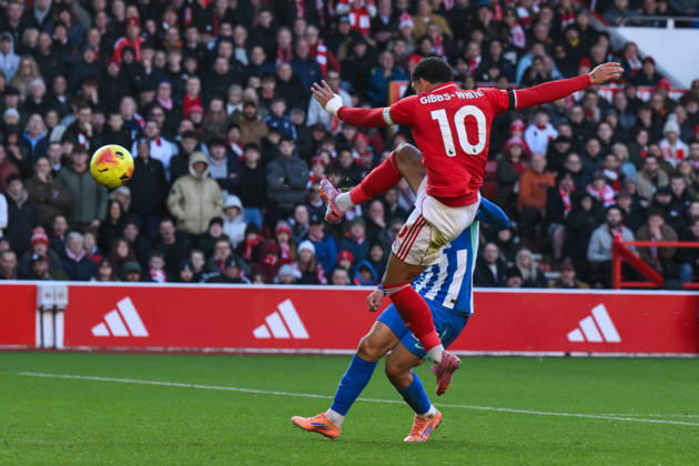 Nottingham, England, 30th November 2025. Morgan Gibbs-White of Nottingham Forest shoots on goal during the Nottingham Forest vs Brighton and Hove Albion Premier League match at the City Ground, Nottingham. Picture credit should read: Craig Thomas Sportimage EDITORIAL USE ONLY. No use with unauthorised audio, video, data, fixture lists, club league logos or live services. Online in-match use limited to 120 images, no video emulation. No use in betting, games or single club league player publications. SPI_032_CT_Nottingham_Forest_vs_Brighton_and_Hove_Albion SPI-4337-0043