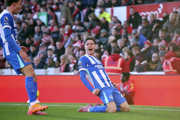 Nottingham Forest v Brighton & Hove Albion - Premier League Maxim De Cuyper of Brighton and Hove Albion celebrates 1st goal during the Premier League match between Nottingham Forest and Brighton & Hove Albion at City Ground on November 30, 2025 in Nottingham, England. Nottingham City Ground England United Kingdom Copyright: xEdxSykes Sportsphoto APLx 14143308