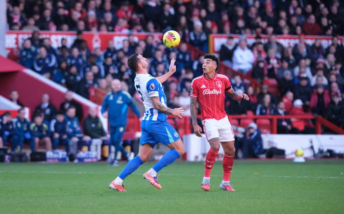 Lewis Dunk of Brighton & Hove Albion and Igor Jesus of Nottingham Forest seen in action during the Premier league football match between Nottingham Forest and Brighton Hove Albion at City Ground in Nottingham. Copyright: xPaulxBonser SportsxPressxPhotox Sportspressphoto_SPR67772