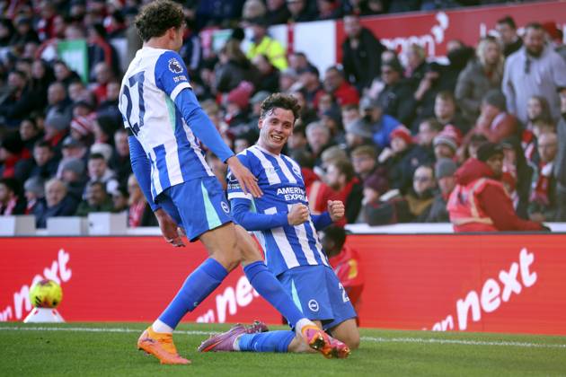 Nottingham Forest v Brighton & Hove Albion - Premier League Mats Wieffer and Maxim De Cuyper of Brighton and Hove Albion celebrates 1st goal during the Premier League match between Nottingham Forest and Brighton & Hove Albion at City Ground on November 30, 2025 in Nottingham, England. Nottingham City Ground England United Kingdom Copyright: xEdxSykes Sportsphoto APLx 14143312