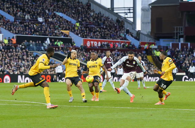 Birmingham, England, 30th November 2025. Morgan Rogers of Aston Villa has a shot on goal during the Aston Villa vs Wolverhampton Wanderers Premier League match at Villa Park, Birmingham. Picture credit should read: Andrew Yates Sportimage EDITORIAL USE ONLY. No use with unauthorised audio, video, data, fixture lists, club league logos or live services. Online in-match use limited to 120 images, no video emulation. No use in betting, games or single club league player publications. SPI_027_AY_Villa_Wolves SPI-4336-0027