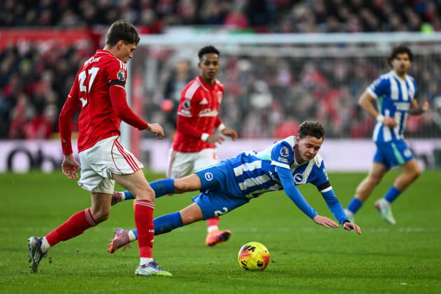 Nottingham, England, 30th November 2025. Maxim De Cuyper of Brighton is fouled by Nicolo Savona of Nottingham Forest during the Nottingham Forest vs Brighton and Hove Albion Premier League match at the City Ground, Nottingham. Picture credit should read: Craig Thomas Sportimage EDITORIAL USE ONLY. No use with unauthorised audio, video, data, fixture lists, club league logos or live services. Online in-match use limited to 120 images, no video emulation. No use in betting, games or single club league player publications. SPI_048_CT_Nottingham_Forest_vs_Brighton_and_Hove_Albion SPI-4337-0059