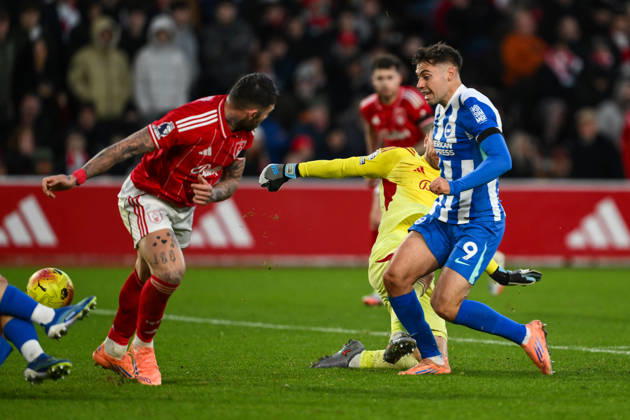 Nottingham, England, 30th November 2025. Stefanos Tzimas of Brighton scores to make it 0-2during the Nottingham Forest vs Brighton and Hove Albion Premier League match at the City Ground, Nottingham. Picture credit should read: Craig Thomas Sportimage EDITORIAL USE ONLY. No use with unauthorised audio, video, data, fixture lists, club league logos or live services. Online in-match use limited to 120 images, no video emulation. No use in betting, games or single club league player publications. SPI_057_CT_Nottingham_Forest_vs_Brighton_and_Hove_Albion SPI-4337-0068