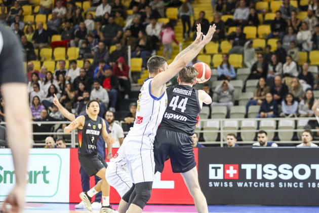 FIBA World Cup Qualifiers : Cyprus vs Germany DAVID KRAMER of Germany tries to pass the ball. Cyprus plays vs Germany for the Group E of the FIBA Basketball World Cup European Qualifiers, at Spyros Kyprianou Arena, Limassol, Cyprus, on Dec. 1, 2025.. Cyprus plays vs Germany for the Group E of the FIBA Basketball World Cup European Qualifiers, at Spyros Kyprianou Arena, Limassol, Cyprus, on Dec. 1, 2025. Limassol Cyprus Copyright: xKOSTASxPIKOULASx