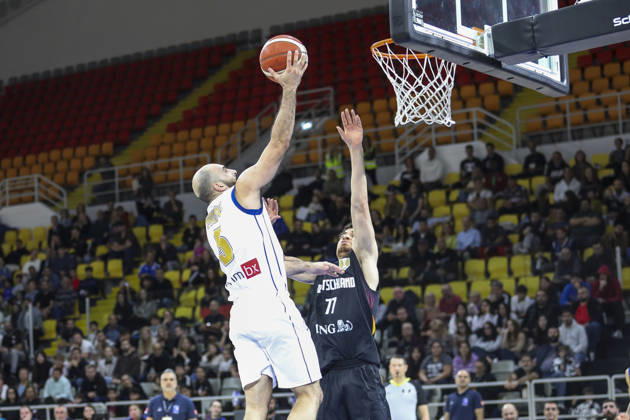 FIBA World Cup Qualifiers : Cyprus vs Germany SIMON MICHAIL of Cyprus scores in front of JOSHUA OBIESIE of Germany. Cyprus plays vs Germany for the Group E of the FIBA Basketball World Cup European Qualifiers, at Spyros Kyprianou Arena, Limassol, Cyprus, on Dec. 1, 2025. Limassol Cyprus Copyright: xKOSTASxPIKOULASx