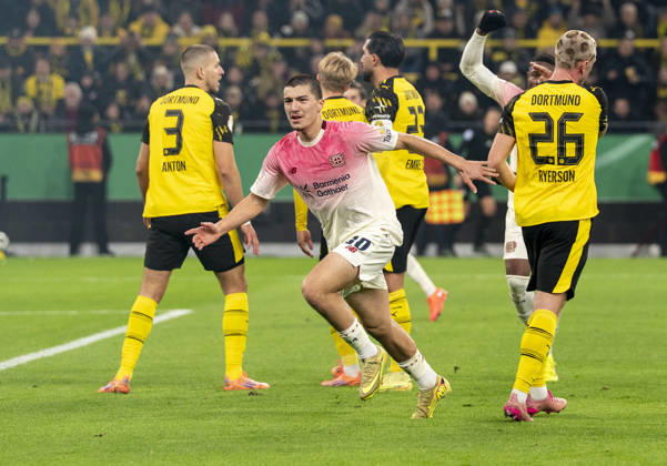 Ibrahim MAZA Bayer 04 Leverkusen, 30 Cheering after the goal to 0 1 Celebrate his Goal Borussia Dortmund Bayer Leverkusen, DFB Pokal Round of 16 in Dortmund, Signal Iduna Park DFL regulations prohibit any use of photographs as image sequences and or quasi video Copyright: HMBxMedia xMarcoxBader