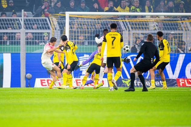 02 12 2025 Soccer, 2025 2026, DFB Cup, Round of 16, Borussia Dortmund Bayer 04 Leverkusen L Ibrahim Maza Leverkusen scores the goal to 0 1 DFB REGULATIONS PROHIBIT ANY USE OF PHOTOGRAPHS AS IMAGE SEQUENCES AND OR QUASI VIDEO
