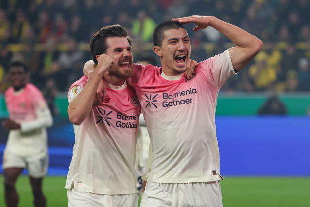 Soccer DFB Cup Borussia Dortmund Bayer 04 Leverkusen on 02 12 2025 at Signal Iduna Park in Dortmund Cheering, goal celebration, goal scorer, goal scorer Ibrahim Maza Leverkusen 30 celebrates after his goal to 0 to 1 with Jonas Hofmann Leverkusen 7 MH