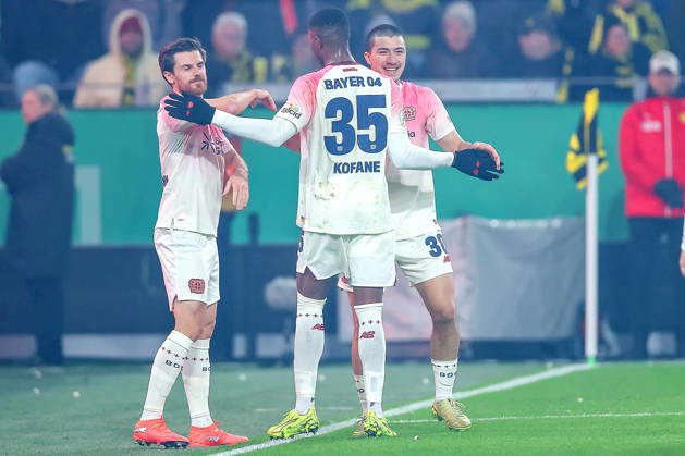 02 12 2025, Football, DFB Cup, Borussia Dortmund Bayer 04 Leverkusen, Round of 16, Signal Iduna Park, Season 2025 2026 Goal celebration after the 1-0 goal by scorer Ibrahim Maza Bayer04 30 together with Jonas Hofmann Bayer04 07 and Christian Kofane Bayer04 35 DFB regulations prohibit any use of photographs as image sequences and or quasi video North Rhine-Westphalia Germany