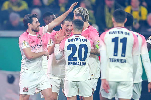 02 12 2025, Football, DFB Cup, Borussia Dortmund Bayer 04 Leverkusen, Round of 16, Signal Iduna Park, Season 2025 2026 Goal celebration after the goal to 1 0 by scorer Ibrahim Maza Bayer04 30 together with the team DFB regulations prohibit any use of photographs as image sequences and or quasi video North Rhine-Westphalia Germany