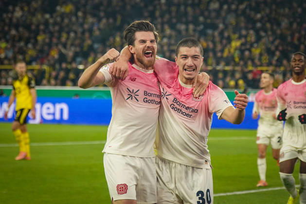 Germany Soccer DFB Cup 2025 26, Round of 16 Borussia Dortmund vs Bayer 04 Leverkusen Signal Iduna Park Dortmund Goal and goal celebration to 0 1 by Ibrahim Maza Bayer Leverkusen, 30 Joy, emotions, jubilation with Jonas Hofmann Bayer Leverkusen, 7 Dortmund North Rhine-Westphalia Germany Copyright: xJOERANxSTEINSIEKx