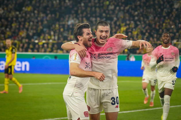Germany Soccer DFB Cup 2025 26, Round of 16 Borussia Dortmund vs Bayer 04 Leverkusen Signal Iduna Park Dortmund Goal and goal celebration to 0 1 by Ibrahim Maza Bayer Leverkusen, 30 Joy, emotions, jubilation with Jonas Hofmann Bayer Leverkusen, 7 Dortmund North Rhine-Westphalia Germany Copyright: xJOERANxSTEINSIEKx