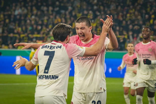 Germany Soccer DFB Cup 2025 26, Round of 16 Borussia Dortmund vs Bayer 04 Leverkusen Signal Iduna Park Dortmund Goal and goal celebration to 0 1 by Ibrahim Maza Bayer Leverkusen, 30 Joy, emotions, jubilation with Jonas Hofmann Bayer Leverkusen, 7 Dortmund North Rhine-Westphalia Germany Copyright: xJOERANxSTEINSIEKx