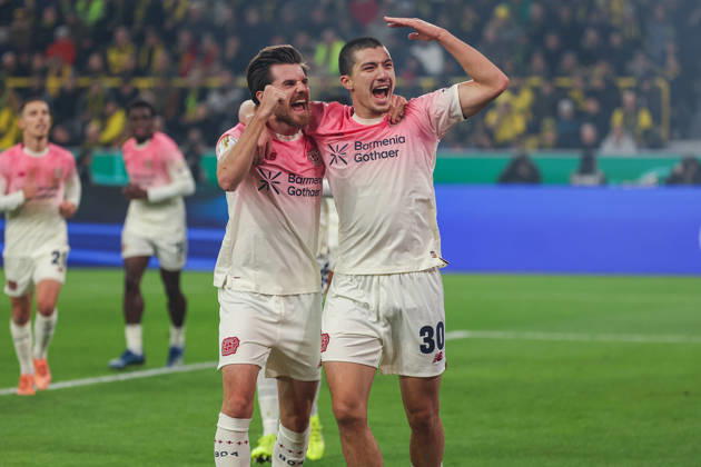Soccer DFB Cup Borussia Dortmund Bayer 04 Leverkusen on 02 12 2025 at Signal Iduna Park in Dortmund Cheering, goal celebration, goal scorer, goal scorer Ibrahim Maza Leverkusen 30 celebrates after his goal to 0 to 1 with Jonas Hofmann Leverkusen 7 MH