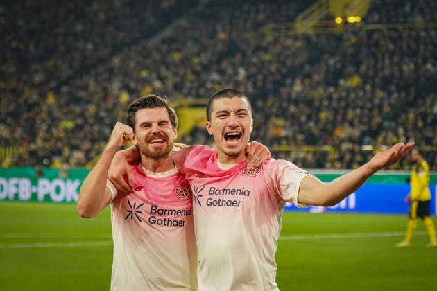 Germany Soccer DFB Cup 2025 26, Round of 16 Borussia Dortmund vs Bayer 04 Leverkusen Signal Iduna Park Dortmund Goal and goal celebration to 0 1 by Ibrahim Maza Bayer Leverkusen, 30 Joy, emotions, jubilation Dortmund North Rhine-Westphalia Germany Copyright: xJOERANxSTEINSIEKx