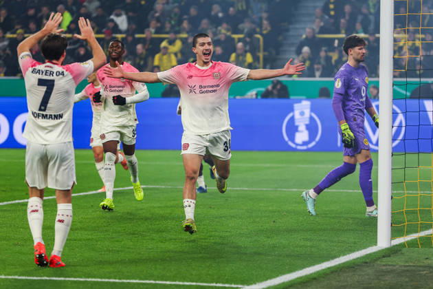 Soccer DFB Cup Borussia Dortmund Bayer 04 Leverkusen on 02 12 2025 at Signal Iduna Park in Dortmund Cheering, goal celebration, goal scorer, goal scorer Ibrahim Maza Leverkusen 30 cheers after his goal for 0 to 1 MH