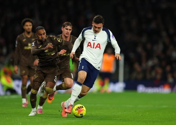 6th December 2025; Tottenham Hotspur Stadium, London, England; Premier League Football, Tottenham Hotspur versus Brentford; Joao Palhinha of Tottenham Hotspur challenged by Rico Henry of Brentford  JohnxPatrickxFletcher