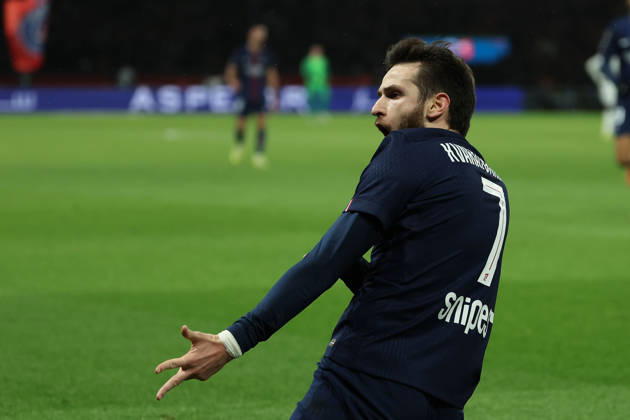 FBL FRA LIGUE1 Paris Saint Germain Stade Rennes Khvicha Kvaratskhelia Paris Saint Germain celebrate the goal during the French L1 football match between Paris Saint Germain PSG an Stade Rennes at Parc des Princes Paris ,France, on December 06, 2025 Copyright: JoaquimxFerreira
