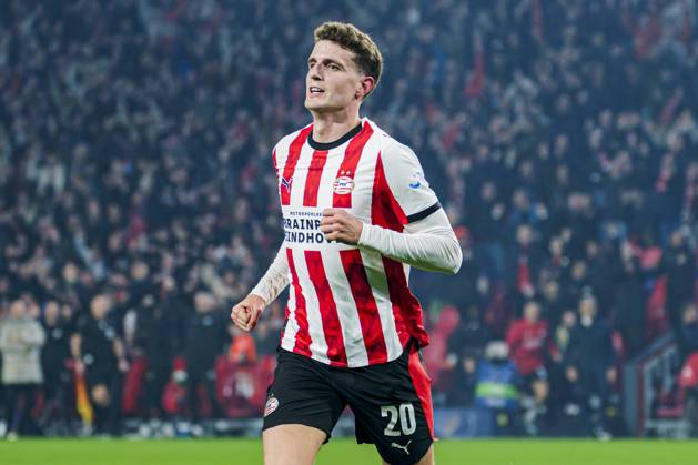 Guus Til of PSV Eindhoven celebrates after scoring his teams first goal PSV Eindhoven v Atletico de Madrid, UEFA Champions League 2025 26 League Phase MD6, PSV Eindhoven v Atletico de Madrid, PSV Stadion, December 9, 2025, Eindhoven, Netherlands.