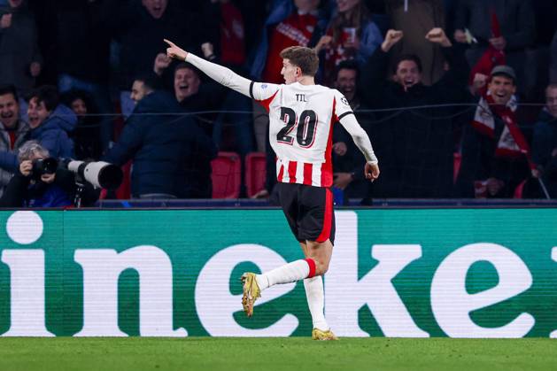 Guus Til of PSV Eindhoven celebrates after scoring his teams first goal PSV Eindhoven v Atletico de Madrid, UEFA Champions League 2025 26 League Phase MD6, PSV Eindhoven v Atletico de Madrid, PSV Stadion, December 9, 2025, Eindhoven, Netherlands.