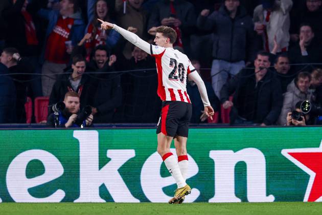 Guus Til of PSV Eindhoven celebrates after scoring his teams first goal PSV Eindhoven v Atletico de Madrid, UEFA Champions League 2025 26 League Phase MD6, PSV Eindhoven v Atletico de Madrid, PSV Stadion, December 9, 2025, Eindhoven, Netherlands.