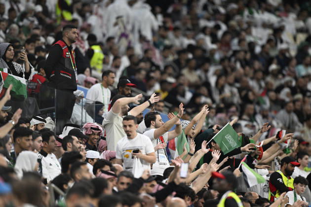 Palestine v Saudi Arabia - 2025 FIFA Arab Cup LUSAIL, QATAR - DECEMBER 11: Fans support their team during their 2025 FIFA Arab Cup quarterfinal match between Palestine and Saudi Arabia at Lusail Stadium in Lusail, Qatar on December 11, 2025. Stringer Anadolu Lusail Qatar. Editorial use only. Please get in touch for any other usage.  Copyright: x2025xAnadoluxStringerx