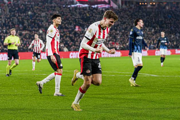 Guus Til of PSV Eindhoven celebrates after scoring his teams fourth goal PSV Eindhoven v Heracles Almelo, Eredivisie, PSV v Heracles Almelo, Philips Stadion, December 13, 2025, Eindhoven, Netherlands.