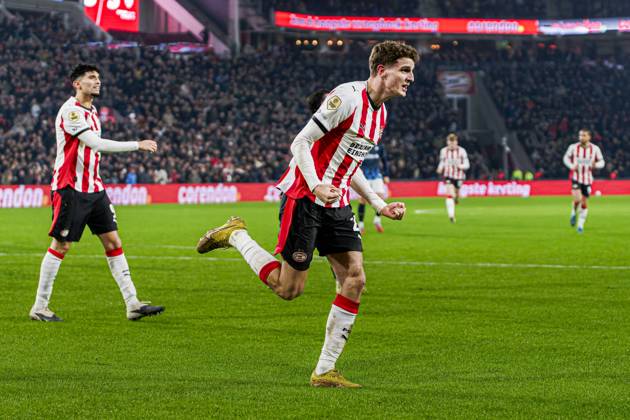Guus Til of PSV Eindhoven celebrates after scoring his teams fourth goal PSV Eindhoven v Heracles Almelo, Eredivisie, PSV v Heracles Almelo, Philips Stadion, December 13, 2025, Eindhoven, Netherlands.