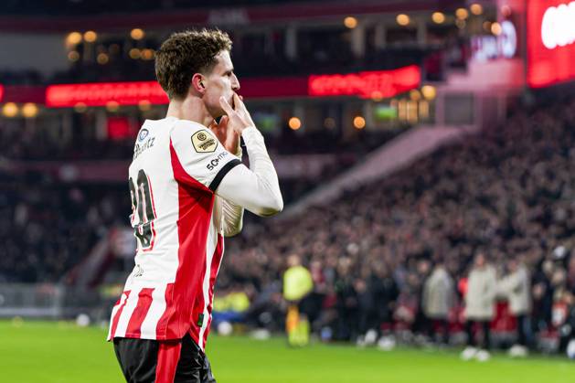 Guus Til of PSV Eindhoven celebrates after scoring his teams fourth goal PSV Eindhoven v Heracles Almelo, Eredivisie, PSV v Heracles Almelo, Philips Stadion, December 13, 2025, Eindhoven, Netherlands.