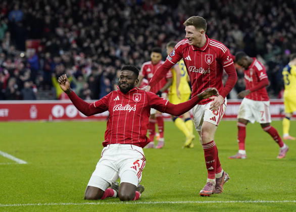 Nottingham, England, 14th December 2025. Ibrahim Sangare of Nottingham Forest celebrates scoring their third goalduring the Nottingham Forest vs Tottenham Hotspur Premier League match at the City Ground, Nottingham. Picture credit should read: Andrew Yates Sportimage EDITORIAL USE ONLY. No use with unauthorised audio, video, data, fixture lists, club league logos or live services. Online in-match use limited to 120 images, no video emulation. No use in betting, games or single club league player publications. SPI_077_AY_Forest_Spurs SPI-4376-0077