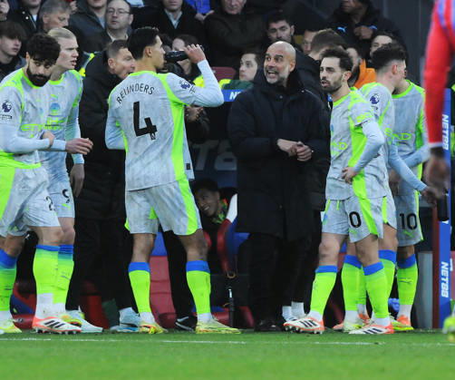 Football - 2025 2026 Premier League - Crystal Palace vs Manchester City - Selhurst Park- Sunday 14th December 2025 Manchester City Manager Pep Guardiola gives his players a team talk