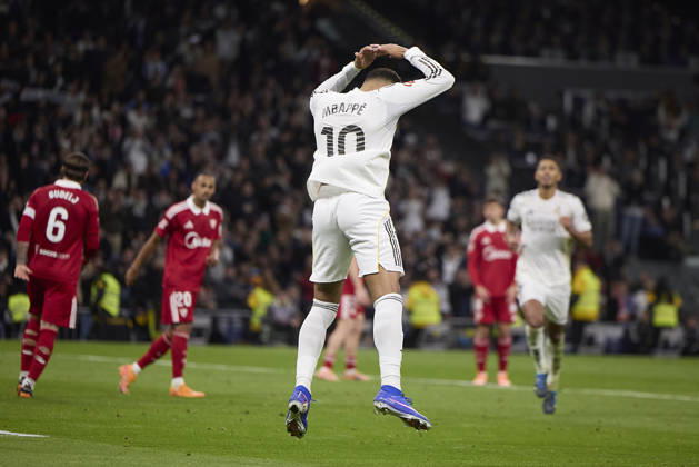 Kylian Mbappe Real Madrid CF celebrates after scoring his team˜s second goal during the LaLiga EA Sports match between Real Madrid v Sevilla FC at Santiago Bernabà u on December 20, 2025 in Madrid, Spain Photo by Manu Reino DeFodi Images