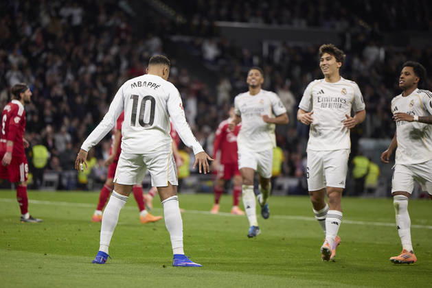 Kylian Mbappe Real Madrid CF celebrates after scoring his team˜s second goal during the LaLiga EA Sports match between Real Madrid v Sevilla FC at Santiago Bernabà u on December 20, 2025 in Madrid, Spain Photo by Manu Reino DeFodi Images