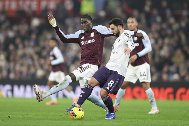 Birmingham, England, 21st December 2025. Bruno Fernandes of Manchester United, ManU and Ezri Konsa of Aston Villa during the Aston Villa vs Manchester United Premier League match at Villa Park, Birmingham. Picture credit should read: James Baylis Sportimage EDITORIAL USE ONLY. No use with unauthorised audio, video, data, fixture lists, club league logos or live services. Online in-match use limited to 120 images, no video emulation. No use in betting, games or single club league player publications. SPI_007_JB_ASTON_VILLA_MANUTD SPI-4388-0007