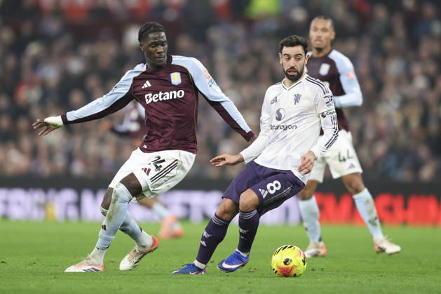 Birmingham, England, 21st December 2025. Bruno Fernandes of Manchester United, ManU and Ezri Konsa of Aston Villa during the Aston Villa vs Manchester United Premier League match at Villa Park, Birmingham. Picture credit should read: James Baylis Sportimage EDITORIAL USE ONLY. No use with unauthorised audio, video, data, fixture lists, club league logos or live services. Online in-match use limited to 120 images, no video emulation. No use in betting, games or single club league player publications. SPI_008_JB_ASTON_VILLA_MANUTD SPI-4388-0008