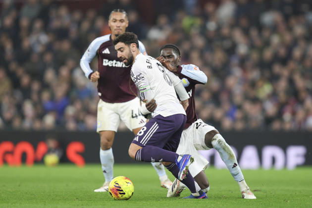 Birmingham, England, 21st December 2025. Bruno Fernandes of Manchester United, ManU and Ezri Konsa of Aston Villa during the Aston Villa vs Manchester United Premier League match at Villa Park, Birmingham. Picture credit should read: James Baylis Sportimage EDITORIAL USE ONLY. No use with unauthorised audio, video, data, fixture lists, club league logos or live services. Online in-match use limited to 120 images, no video emulation. No use in betting, games or single club league player publications. SPI_009_JB_ASTON_VILLA_MANUTD SPI-4388-0009